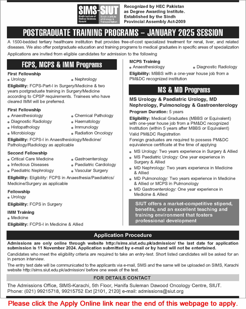 SIUT Karachi Postgraduate Training Program October 2024 November Apply Online SIMS Latest