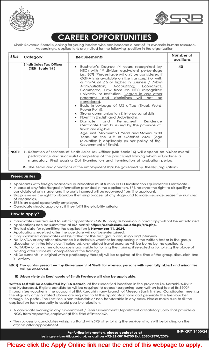 Sales Tax Officer Jobs in Sindh Revenue Board October 2024 November SRB Apply Online Latest