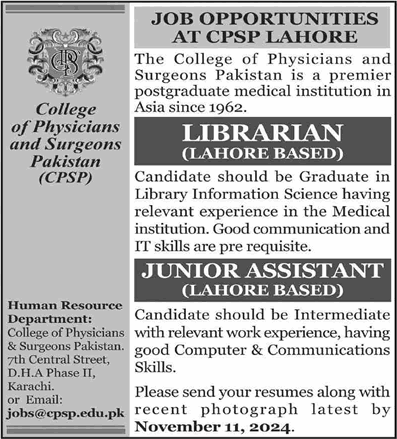 CPSP Lahore Jobs October 2024 November Library & Junior Assistant Latest