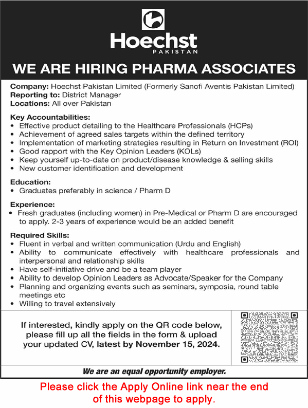 Pharma Associate Jobs in Hoechst Pakistan Limited November 2024 Apply Online Latest