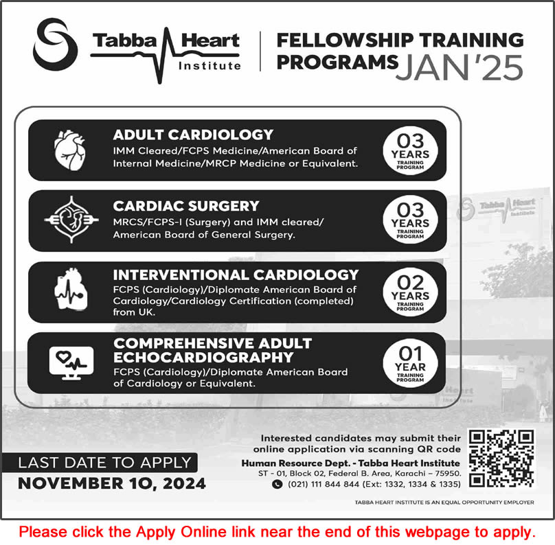 Tabba Heart Institute Karachi Fellowship Training Program 2024 November Apply Online Latest