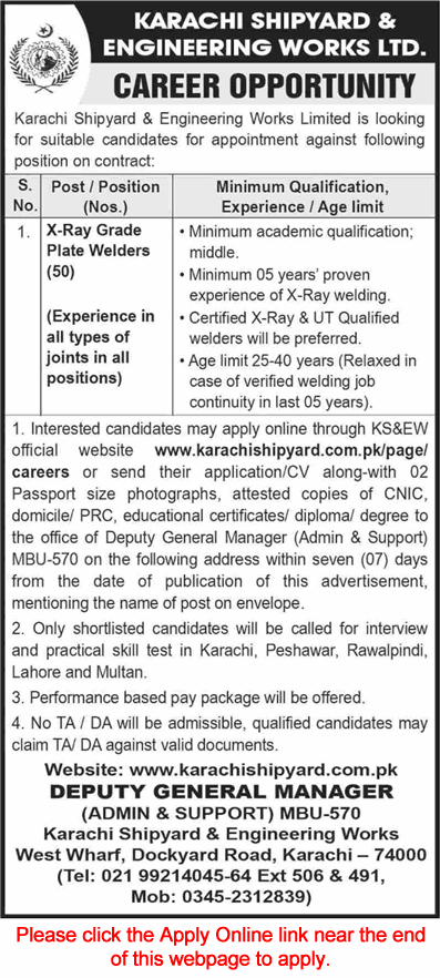 X-Ray Welder Jobs in Karachi Shipyard and Engineering Works Novembe/r 2024 Apply Online KSEW Latest