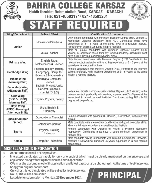 Bahria College Karsaz Karachi Jobs November 2024 Teaching Faculty & Others Latest