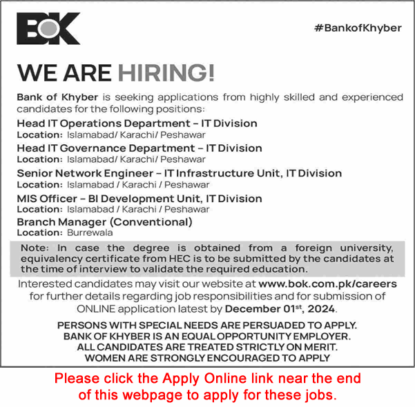 Bank of Khyber Jobs November 2024 Apply Online Network Engineer, MIS Officers & Others Latest