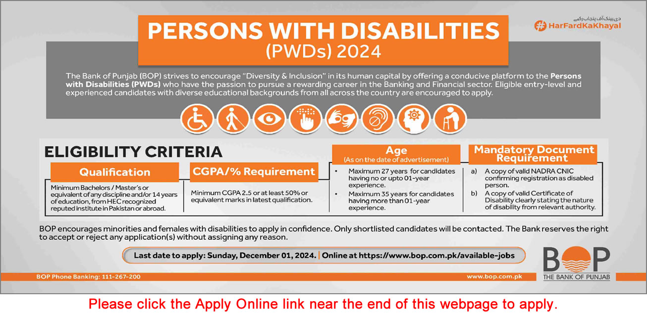 Bank of Punjab Jobs November 2024 Apply Online for Persons with Disabilities (PWDs) Latest