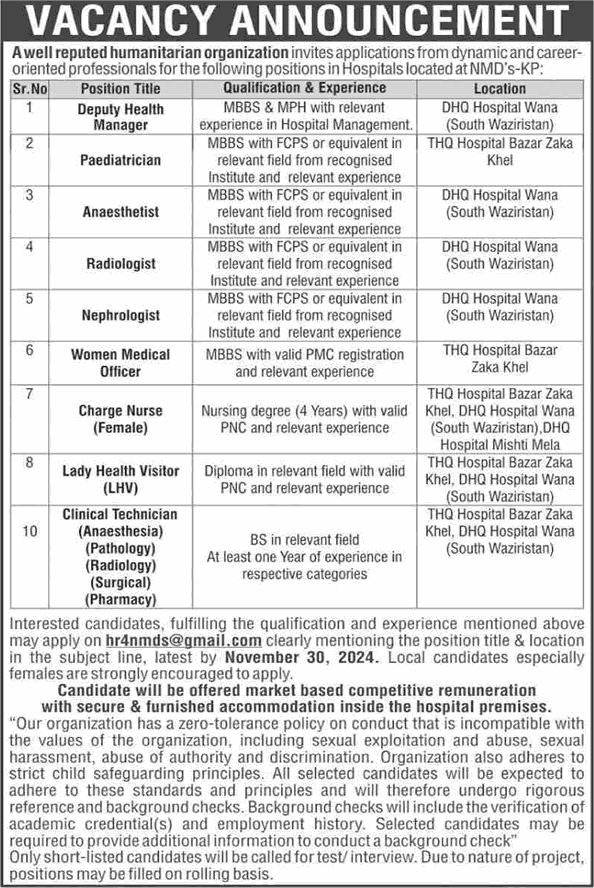 NGO Jobs in KPK November 2024 Nurses, Clinical Technicians, LHV & Others Latest