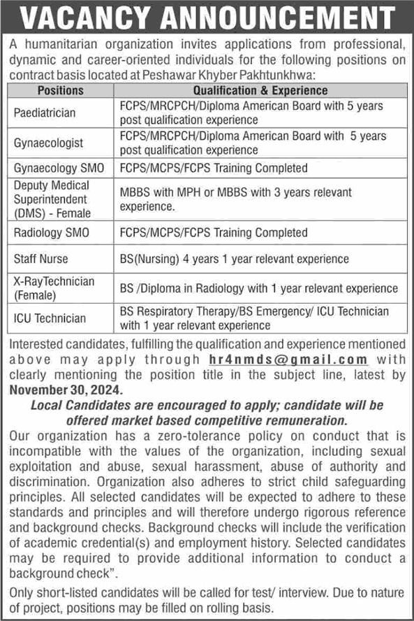 NGO Jobs in Peshawar November 2024 Nurses, X-Ray / ICU Technicians & Others Latest