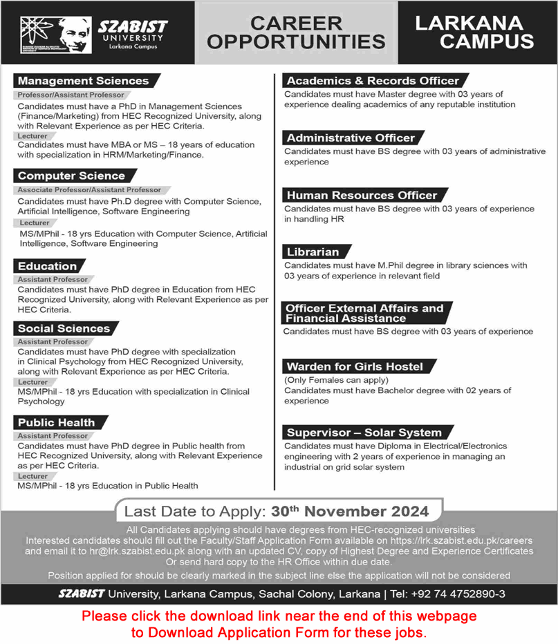 SZABIST University Larkana Campus Jobs November 2024 Application Form Teaching Faculty & Others Latest