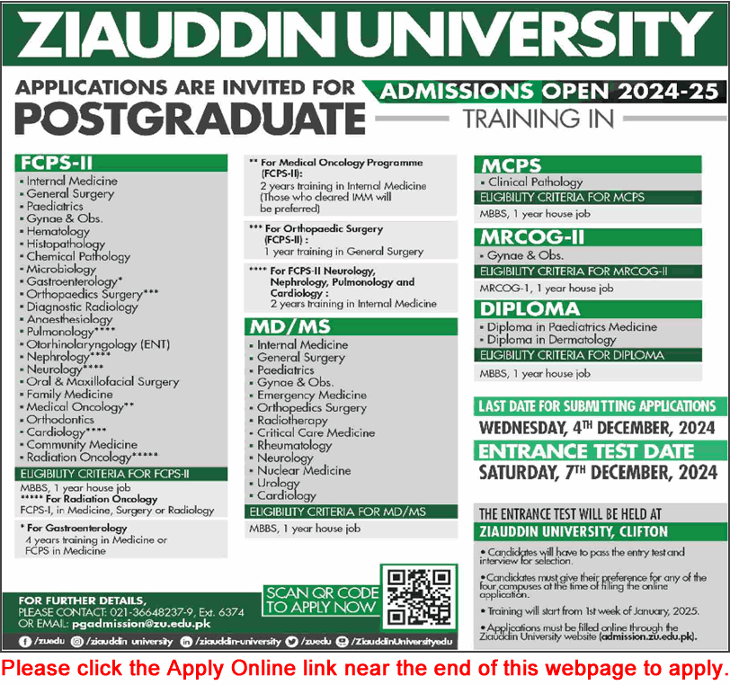 Ziauddin University Karachi Postgraduate Training November 2024 Apply Online Latest