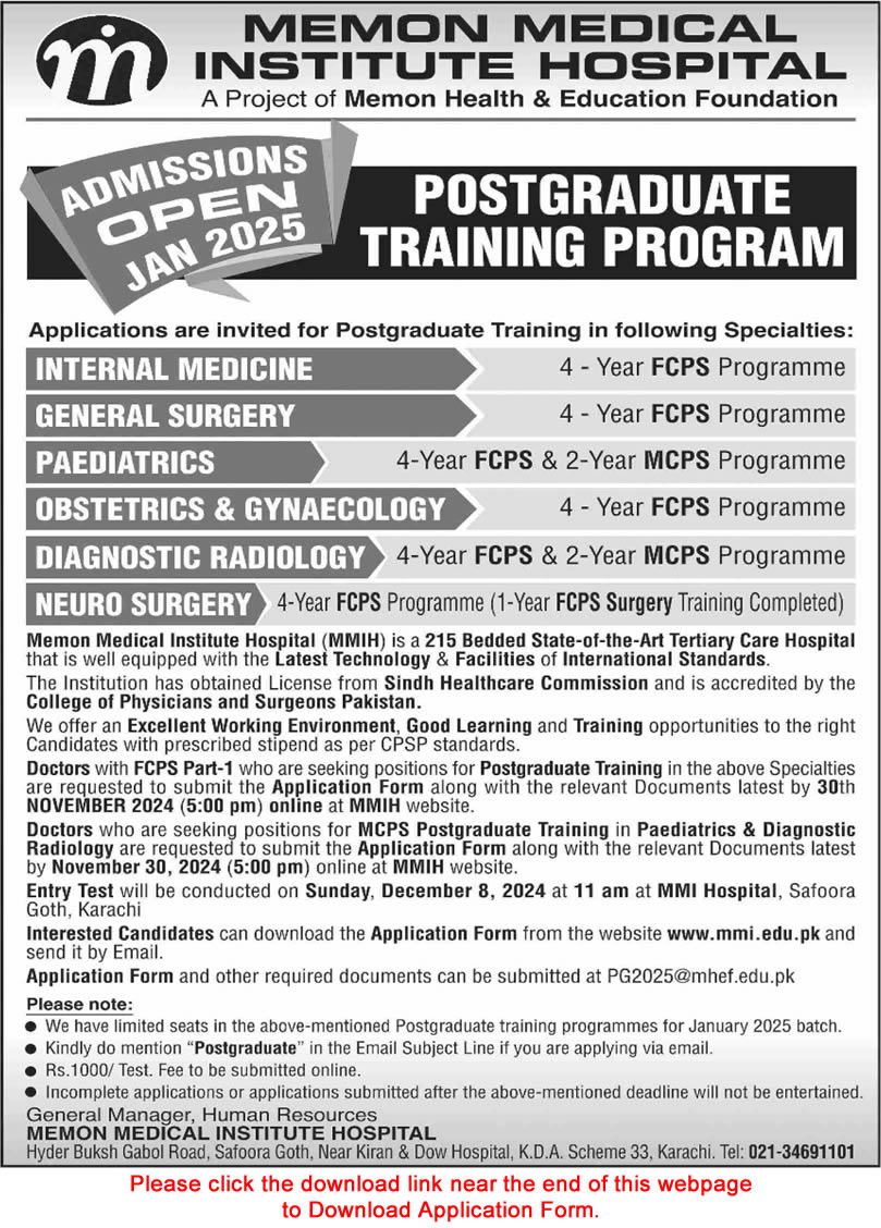 Memon Medical Institute Hospital Karachi Postgraduate Training 2024 November Application Form Latest