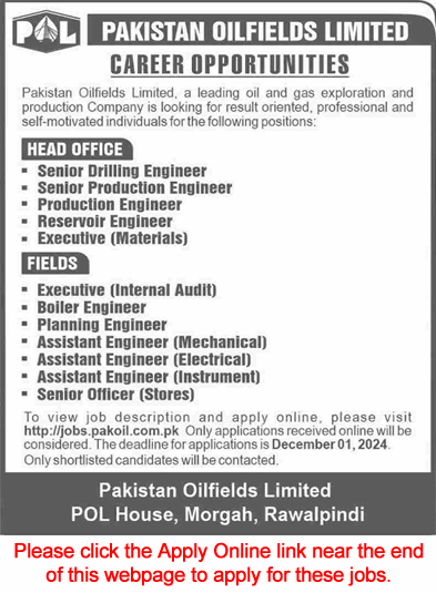 Pakistan Oilfields Limited Jobs November 2024 Apply Online Assistant Engineers & Others POL Latest