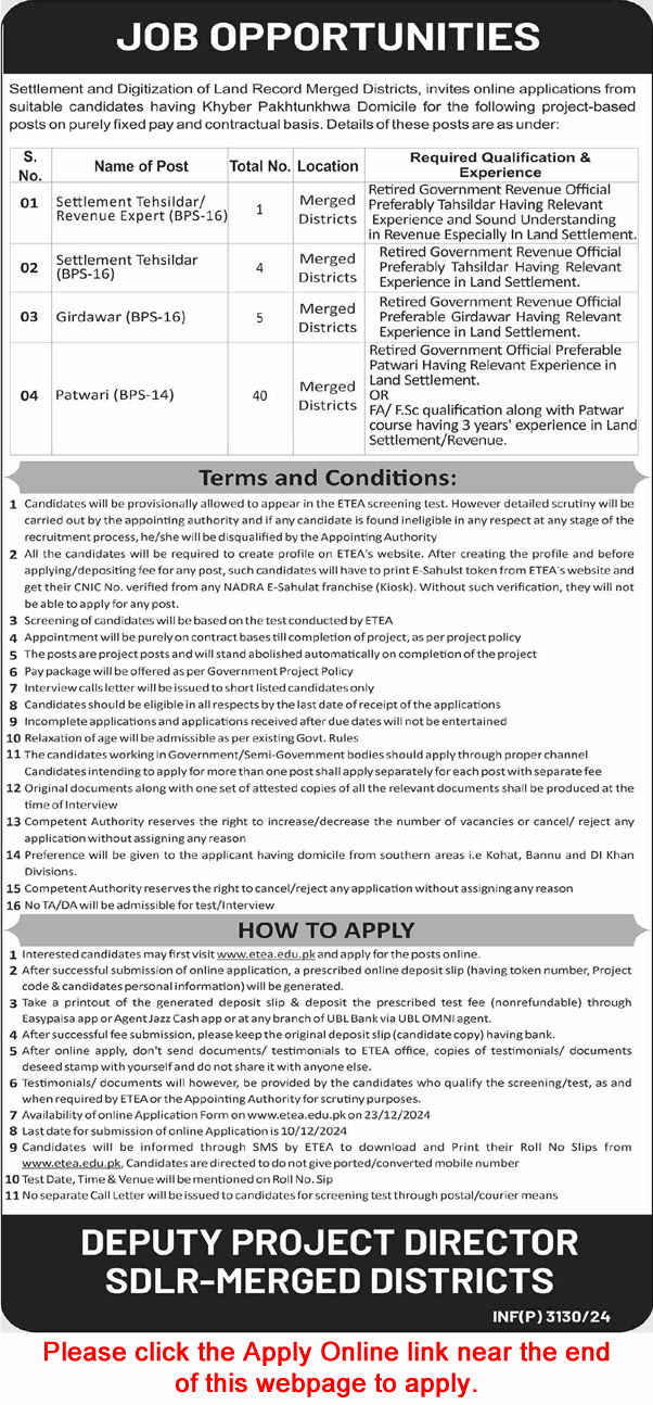 Settlement and Digitization of Land Record KPK Jobs 2024 November ETEA Apply Online Patwari & Others Latest