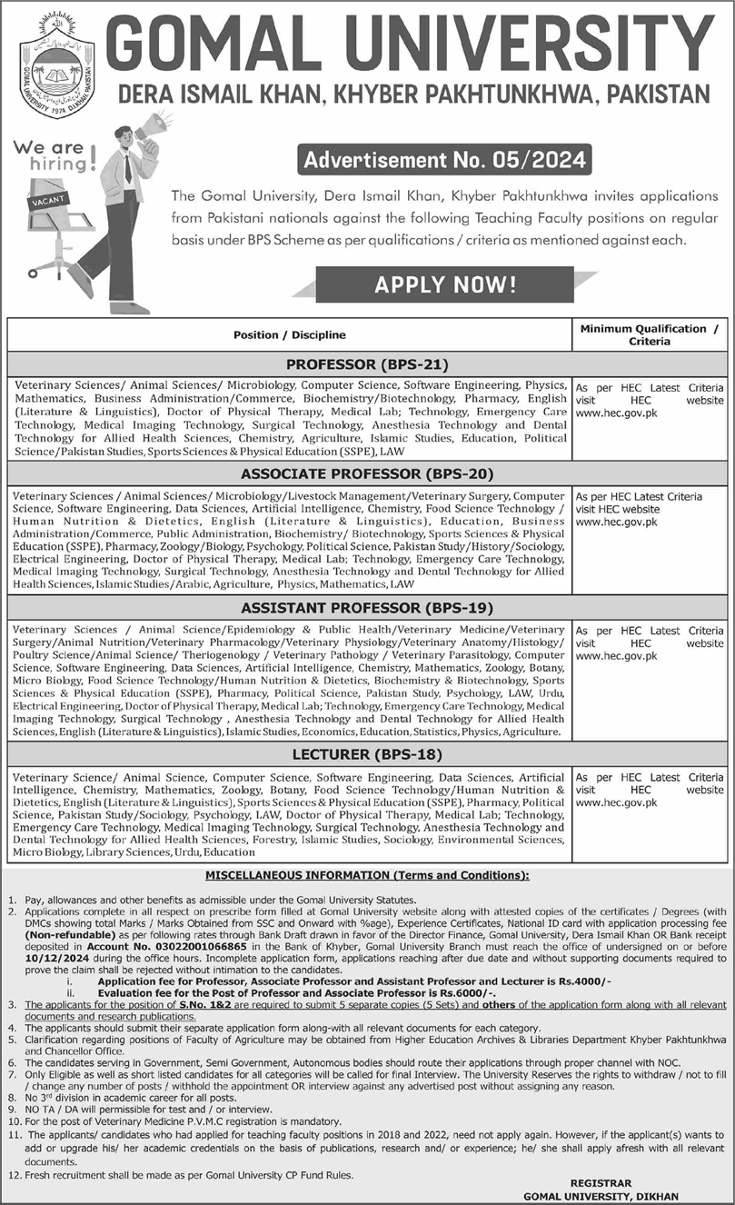 Gomal University Dera Ismail Khan Jobs November 2024 December Teaching Faculty Latest