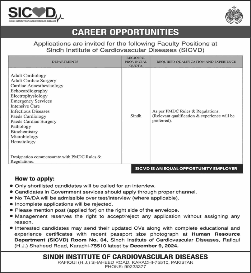 SICVD Jobs November 2024 December Teaching Faculty Sindh Institute of Cardiovascular Diseases Latest