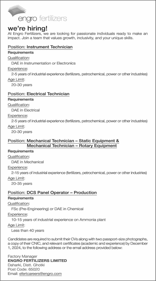 Engro Fertilizers Daharki Jobs November 2024 Mechanical / Electrical Technicians & Others Latest