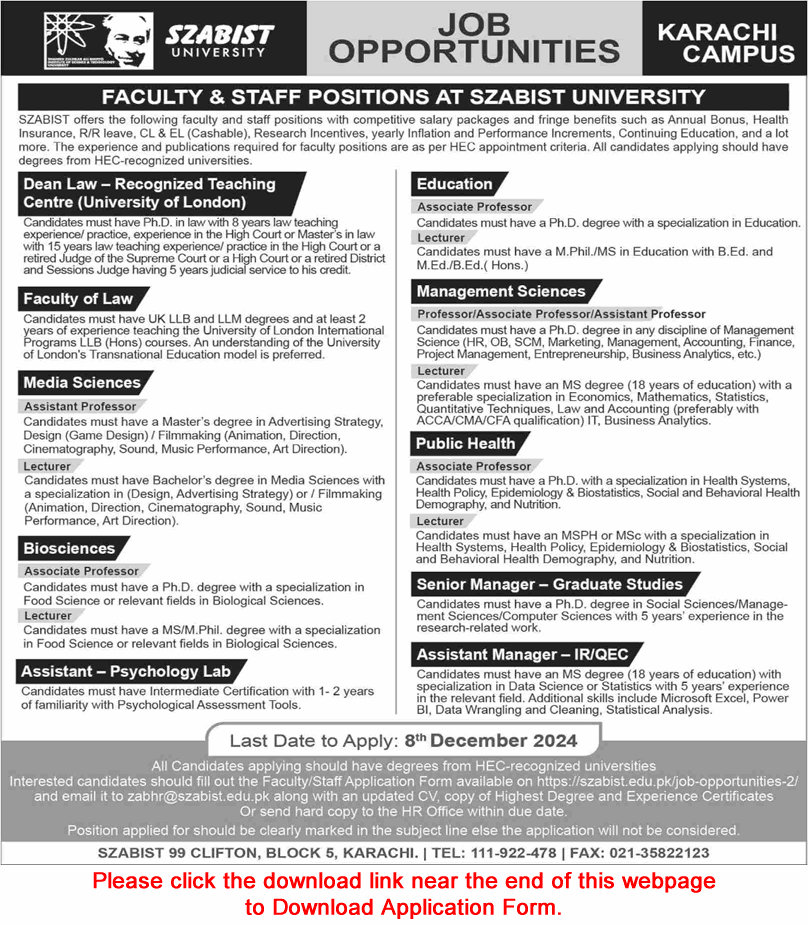 SZABIST University Karachi Jobs November 2024 December Application Form Teaching Faculty & Others Latest