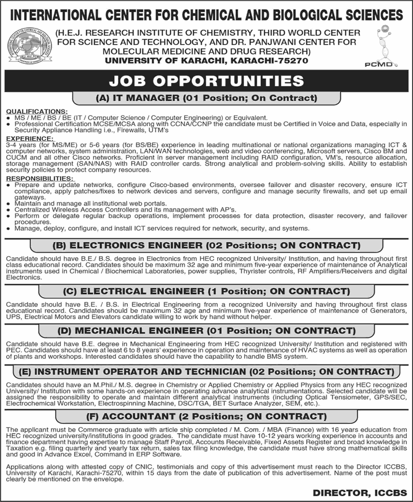 ICCBS University of Karachi Jobs December 2024 Electronics Engineers, Accountant & Others Latest