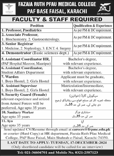 Fazaia Ruth PFAU Medical College Karachi Jobs December 2024 Teaching Faculty & Others Latest