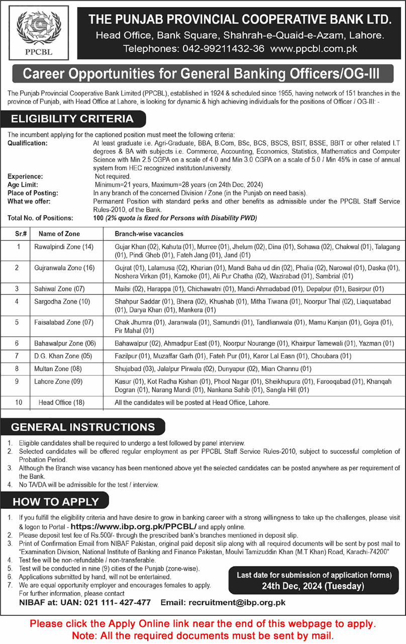 General Banking Officer Jobs in Punjab Provincial Cooperative Bank Limited December 2024 PPCBL Apply Online Latest