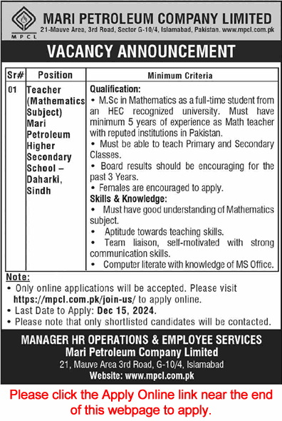 Teaching Jobs in Mari Petroleum Higher Secondary School Daharki 2024 December Apply Online MPCL Latest