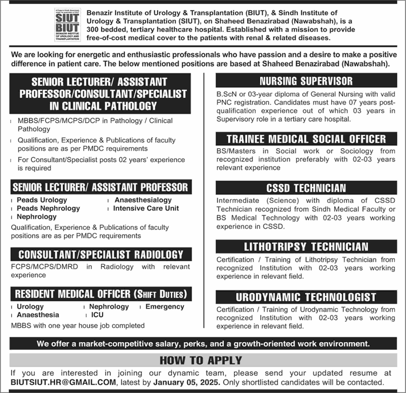 SIUT Nawabshah Jobs December 2024 / 2025 Teaching Faculty & Others BIUT Latest