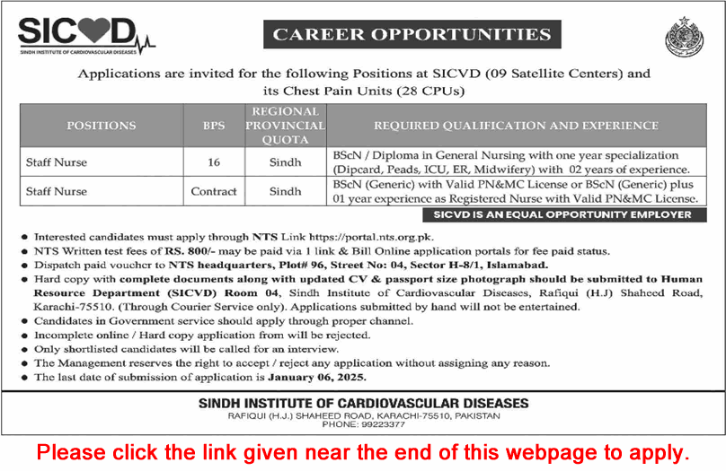 Staff Nurse Jobs in Sindh Institute of Cardiovascular Diseases December 2024 / 2025 NTS Apply Online SICVD Latest