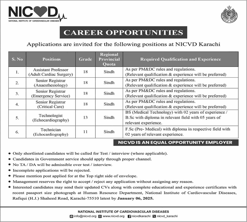 NICVD Karachi Jobs December 2024 / 2025 Teaching Faculty, Technologist & Technician Latest