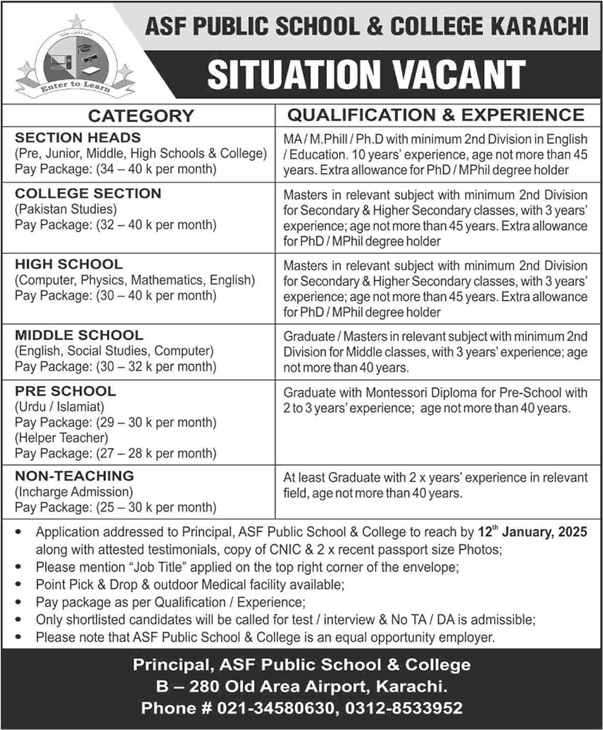 ASF Public School and College Karachi Jobs 2025 Teachers & Others Latest