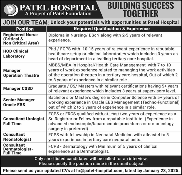 Patel Hospital Karachi Jobs 2025 Nurses, Medical Consultants & Others Latest