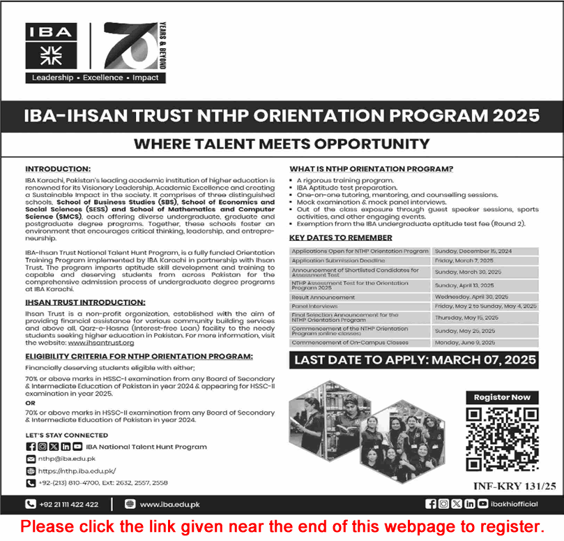 IBA Karachi National Talent Hunt Program 2025 Ihsan Trust NTHP Orientation Program Latest