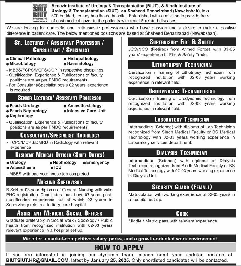 SIUT Nawabshah Jobs 2025 Teaching Faculty & Others BIUT Sindh Institute of Urology & Transplantation Latest