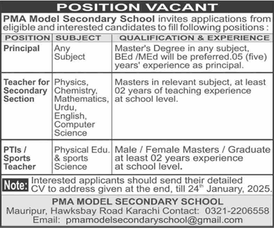 PMA Model Secondary School Karachi Jobs 2025 Teachers & Principal Latest