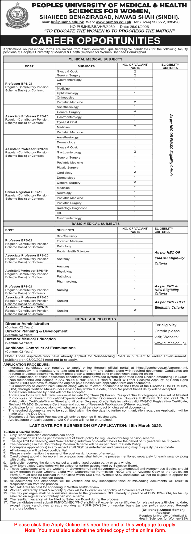 Peoples University of Medical & Health Sciences for Women Shaheed Benazirabad Jobs 2025 Apply Online Teaching Faculty & Others Latest