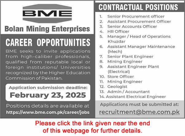 Bolan Mining Enterprises Quetta Jobs 2025 February Accounts Officers, Mining Engineer & Other BME Latest