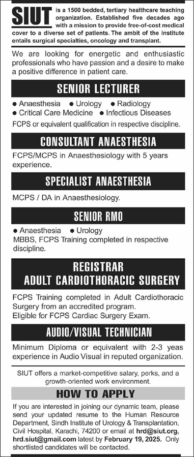 SIUT Karachi Jobs 2025 February Lecturers, Specialist Doctors / Consultants & Others Latest