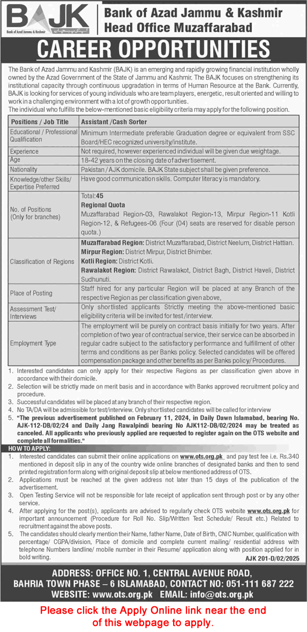 Assistant / Cash Sorter Jobs in Bank of AJK 2025 February OTS Apply Online BAJK Latest