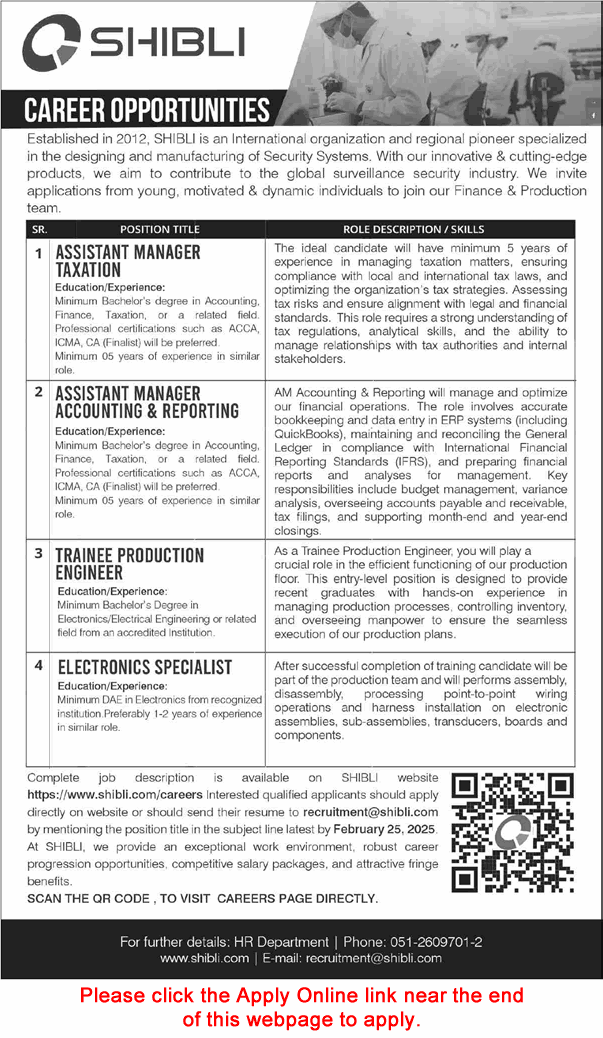 Shibli Electronics Islamabad Jobs 2025 February Apply Online Trainee Production Engineer & Others Latest