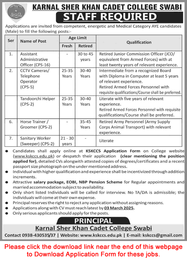 Karnal Sher Khan Cadet College Swabi Jobs 2025 February Application Form Admin Officer & Others Latest