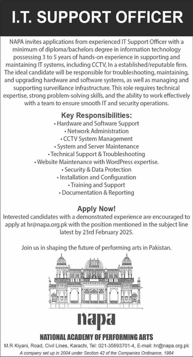 IT Support Officer Jobs in NAPA Karachi 2025 February National Academy of Performing Arts Latest