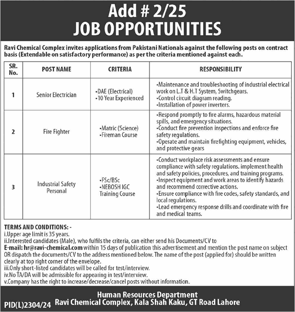 Ravi Chemical Complex Lahore Jobs 2025 February Electrician, Fire Fighter & Industrial Safety Personal Latest