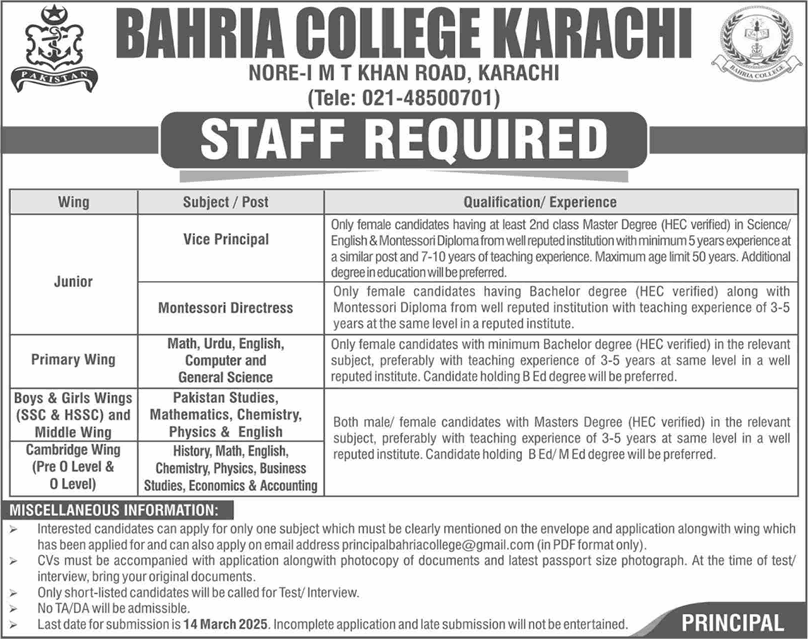 Bahria College Karachi Jobs 2025 February Teaching Faculty & Vice Principal Latest