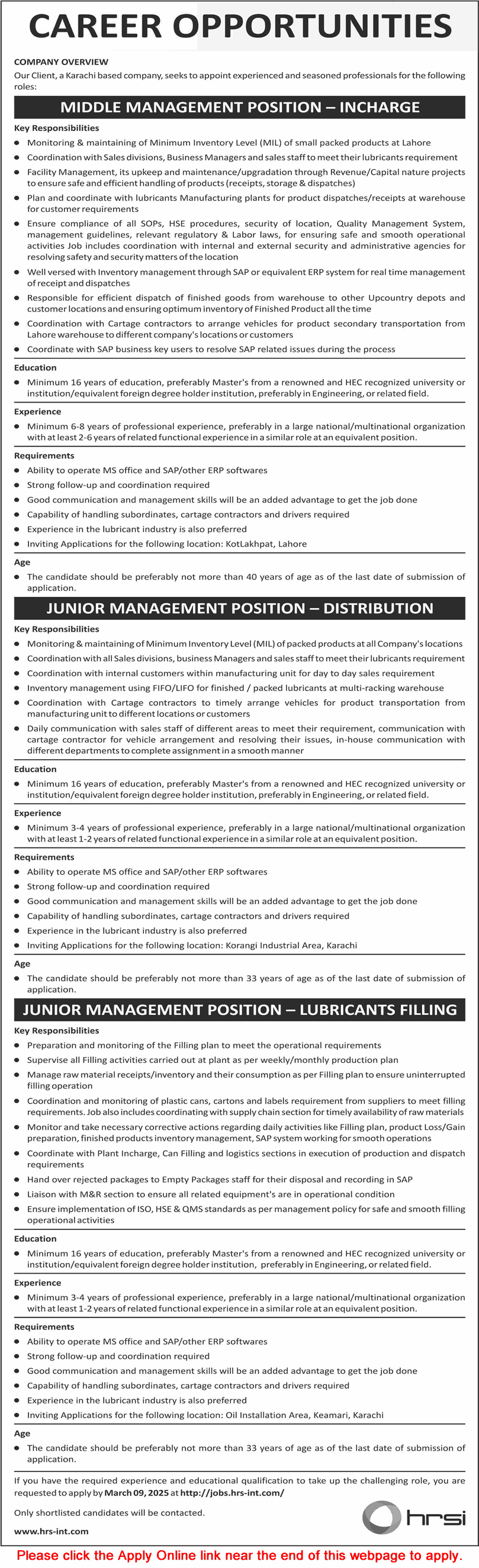 HRSI Pakistan Jobs 2025 February Apply Online Junior / Middle Management Positions Latest