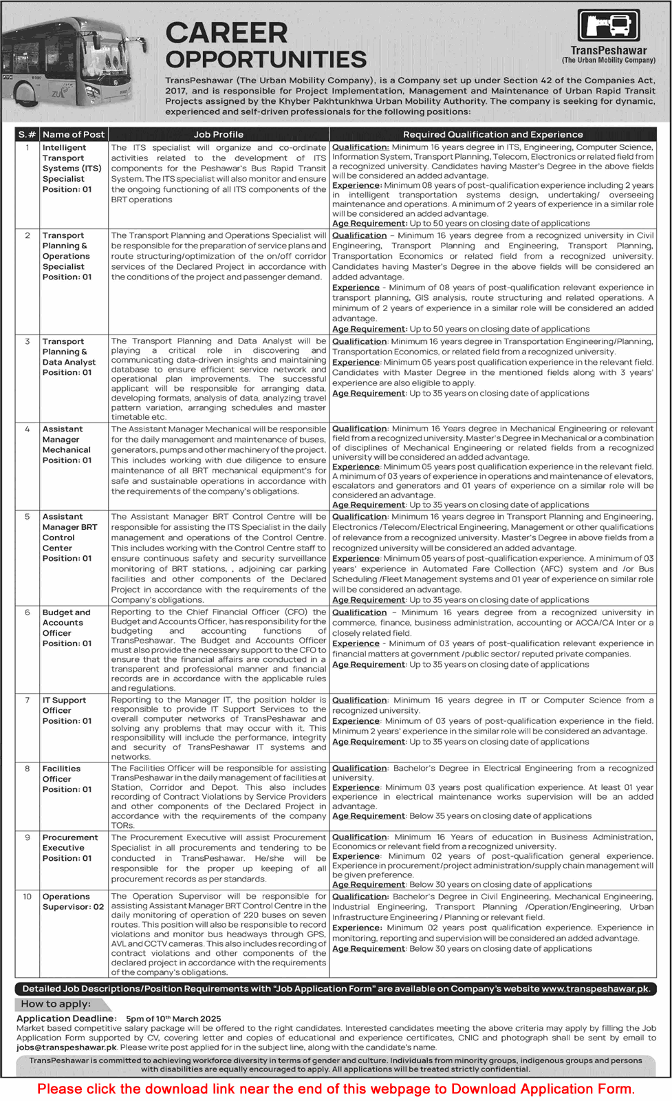 Trans Peshawar Jobs 2025 February Application Form Operations Supervisors & Others Latest