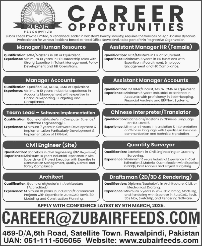 Zubair Feeds Pvt Ltd Rawalpindi Jobs 2025 February Civil Engineer, Assistant Managers & Others Latest