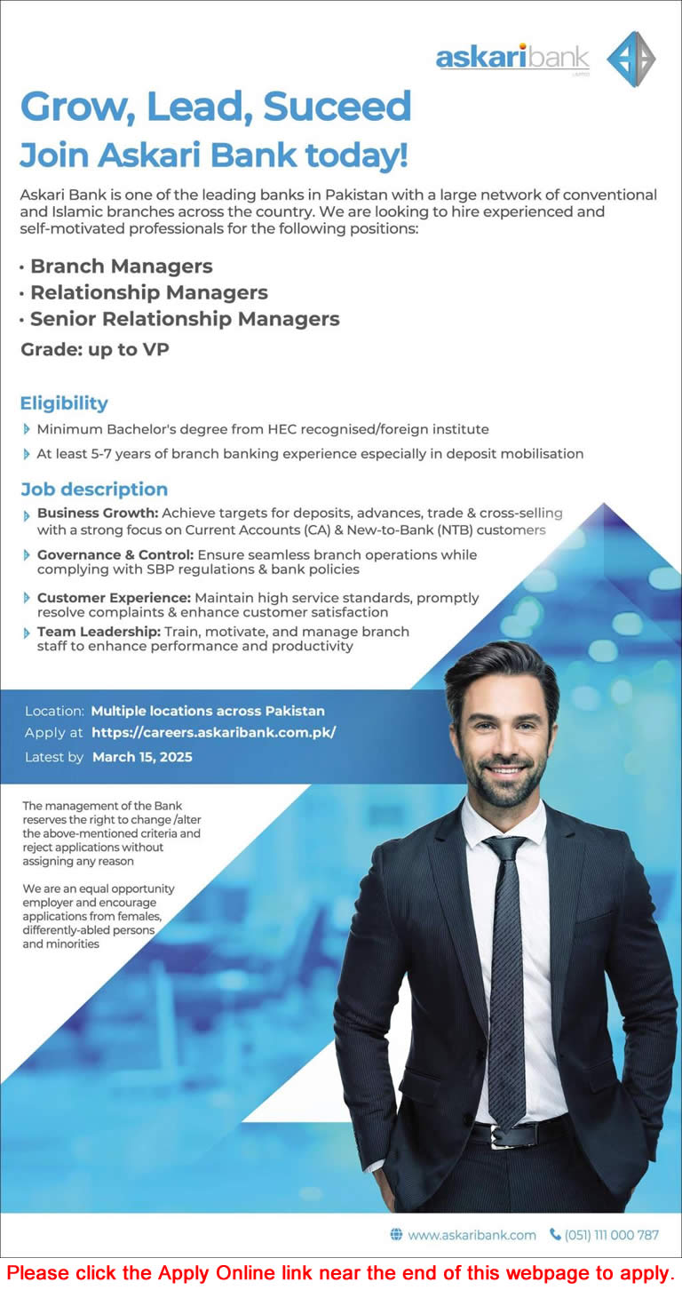 Askari Bank Jobs 2025 March Apply Online Branch & Relationship Managers AKBL Latest