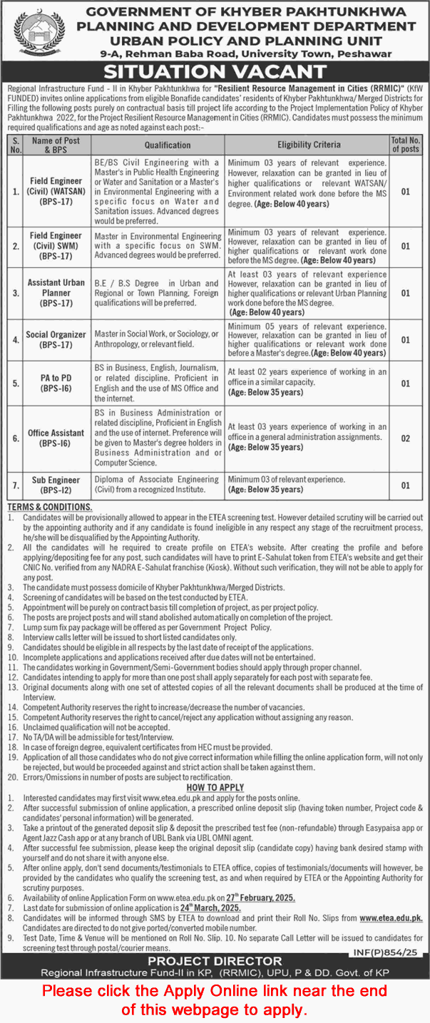 Planning and Development Department KPK Jobs 2025 March ETEA Apply Online Office Assistants & Others Latest