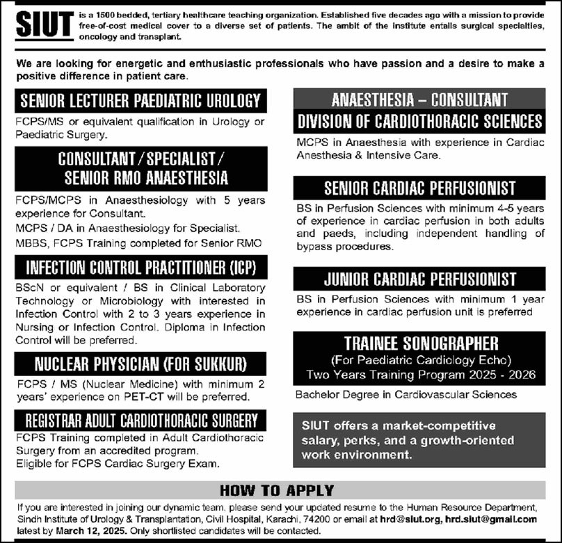 SIUT Hospital Karachi Jobs March 2025 Trainee Sonographer, Specialist Doctors & Others Latest