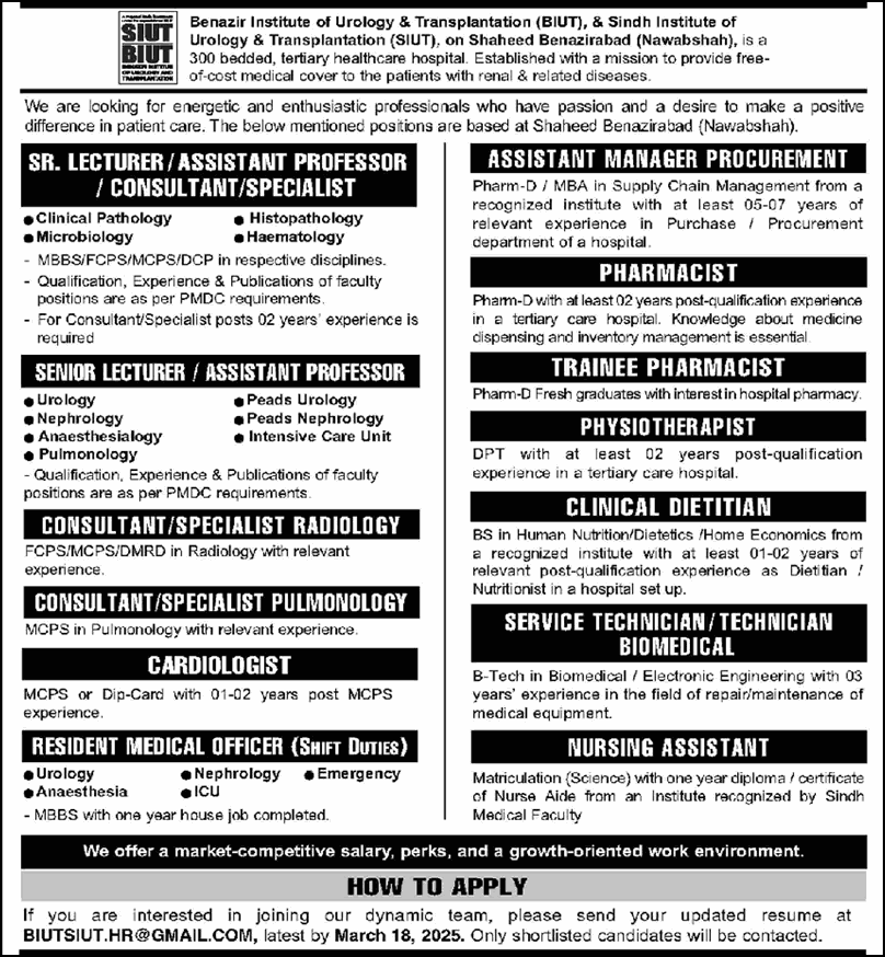 SIUT Nawabshah Jobs March 2025 Teaching Faculty & Others BIUT Sindh Institute of Urology & Transplantation Latest