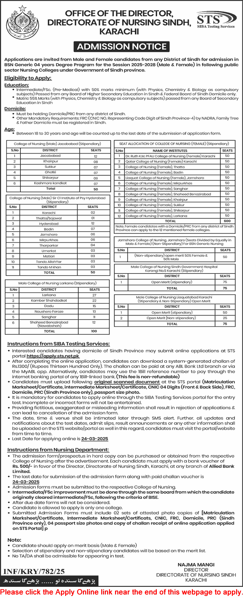 Free Nursing Courses in Directorate of Nursing Sindh 2025 March 4 Years BSc Nursing Degree Program Latest