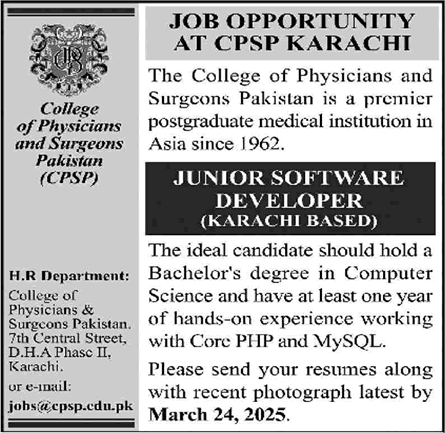 Software Developer Jobs in CPSP Karachi 2025 March College of Physicians & Surgeons Pakistan Latest